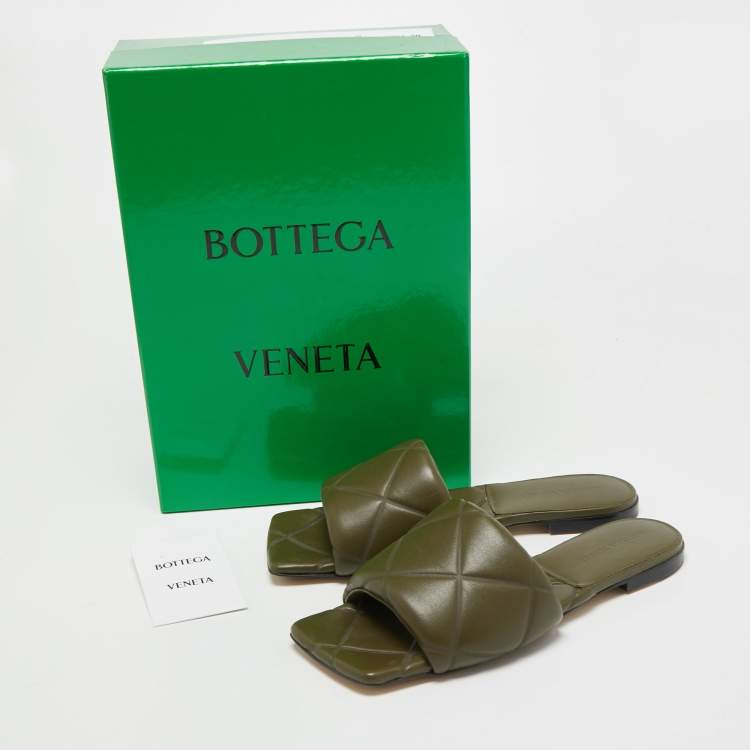 Pre Owned Bottega Veneta Olive Green Quilted Leather Lido Flat Slides Size 39