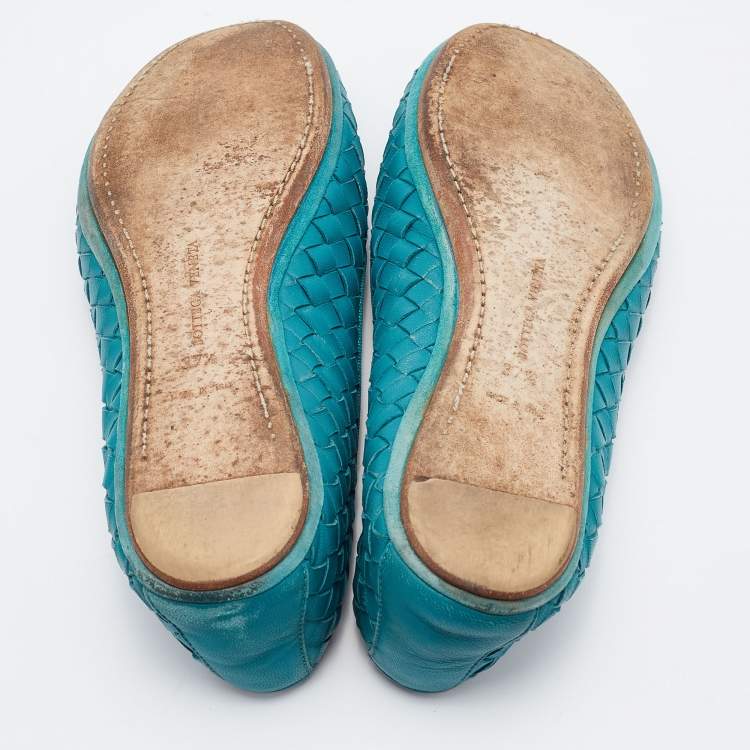 مملوكة مسبقًا Bottega Veneta Teal Blue Intrecciato Leather Ballet Flats Size 37.5