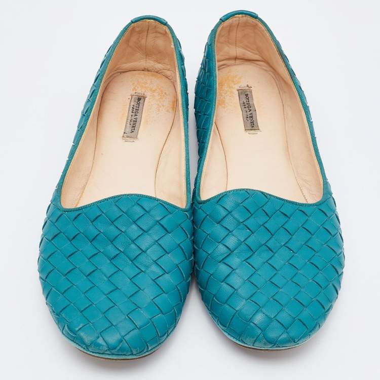 مملوكة مسبقًا Bottega Veneta Teal Blue Intrecciato Leather Ballet Flats Size 37.5