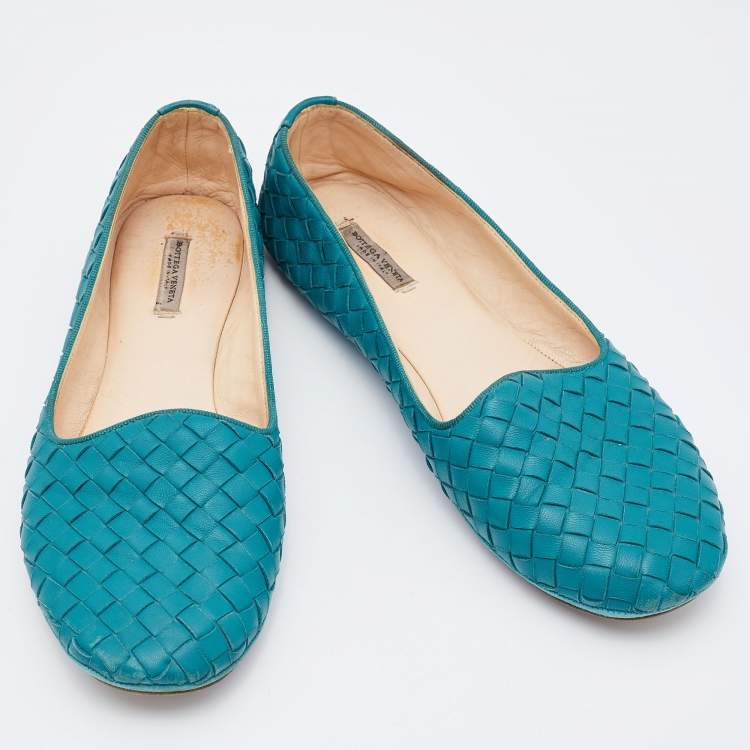 مملوكة مسبقًا Bottega Veneta Teal Blue Intrecciato Leather Ballet Flats Size 37.5