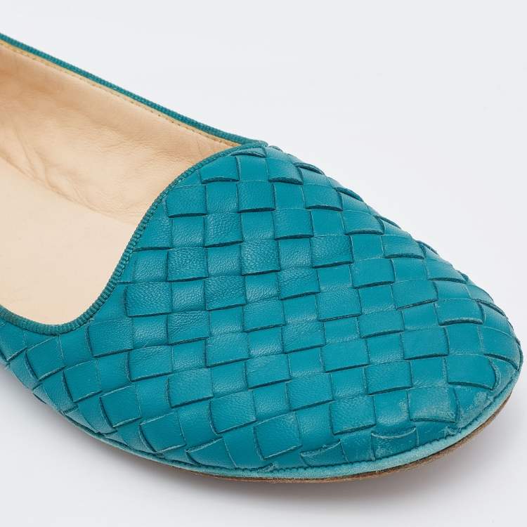 مملوكة مسبقًا Bottega Veneta Teal Blue Intrecciato Leather Ballet Flats Size 37.5