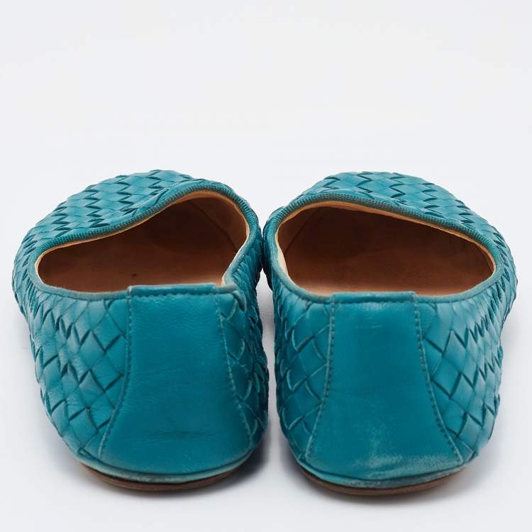 مملوكة مسبقًا Bottega Veneta Teal Blue Intrecciato Leather Ballet Flats Size 37.5