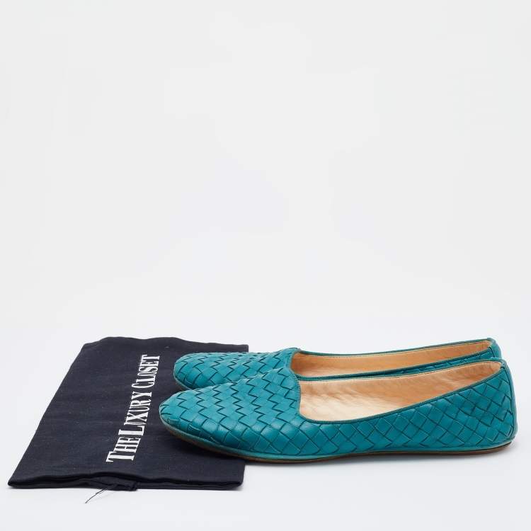 مملوكة مسبقًا Bottega Veneta Teal Blue Intrecciato Leather Ballet Flats Size 37.5