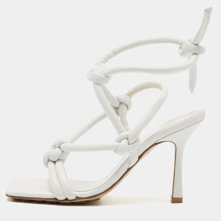 Pre Owned Bottega Veneta White Leather Knotted Ankle Strap Sandals Size 37