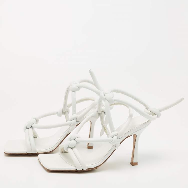 Pre Owned Bottega Veneta White Leather Knotted Ankle Strap Sandals Size 37