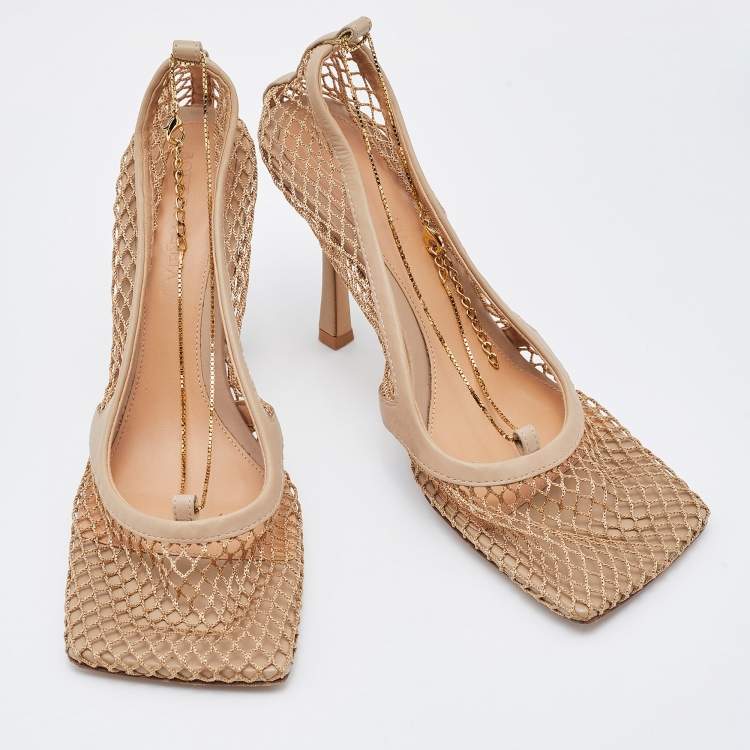 Pre Owned Bottega Veneta Beige Leather and Stretch Mesh Pumps Size 39
