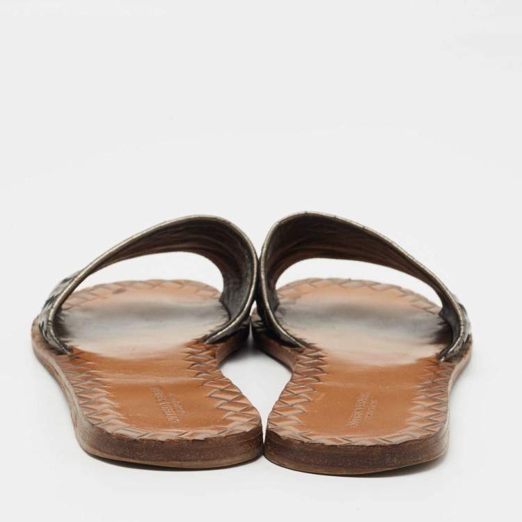 Pre Owned Bottega Veneta Metallic Intrecciato Leather Flat Slides Size 39.5