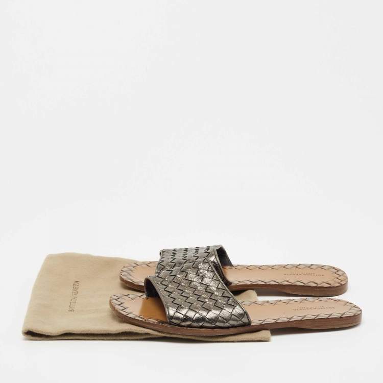 Pre Owned Bottega Veneta Metallic Intrecciato Leather Flat Slides Size 38