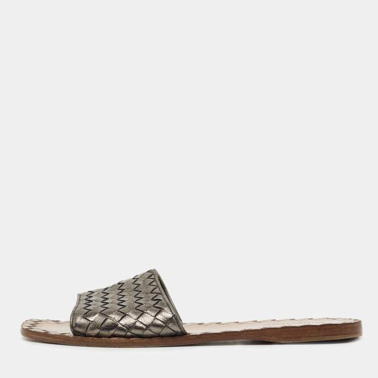 Pre Owned Bottega Veneta Metallic Intrecciato Leather Flat Slides Size 38