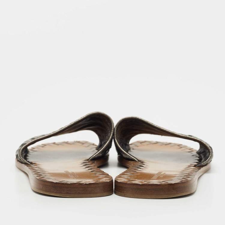 Pre Owned Bottega Veneta Metallic Intrecciato Leather Flat Slides Size 38