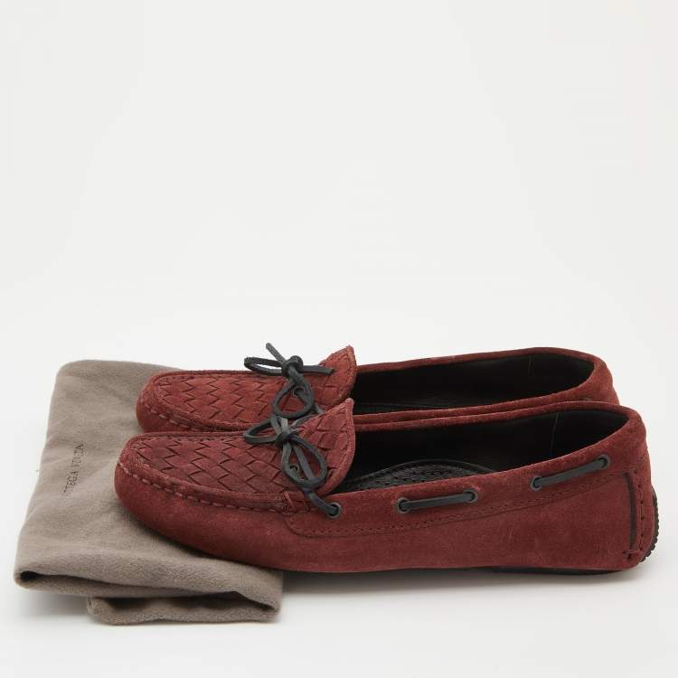 Pre Owned Bottega Veneta Burgundy Intrecciato Suede Slip On Loafers Size 36