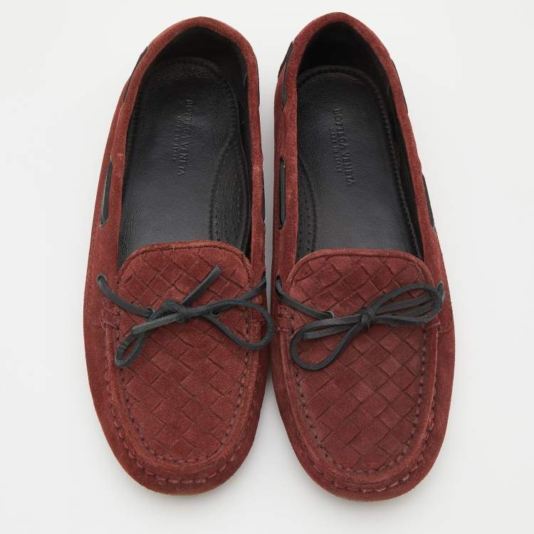 Pre Owned Bottega Veneta Burgundy Intrecciato Suede Slip On Loafers Size 36