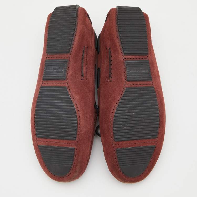 Pre Owned Bottega Veneta Burgundy Intrecciato Suede Slip On Loafers Size 36