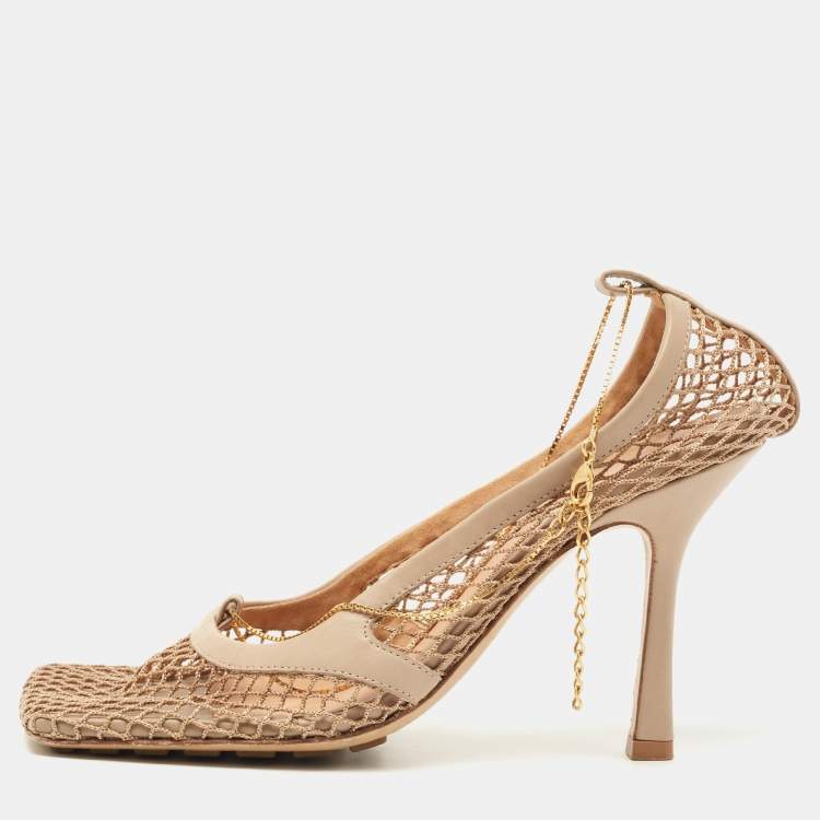Pre Owned Bottega Veneta Beige Mesh and Leather Chain Stretch Pumps Size 37