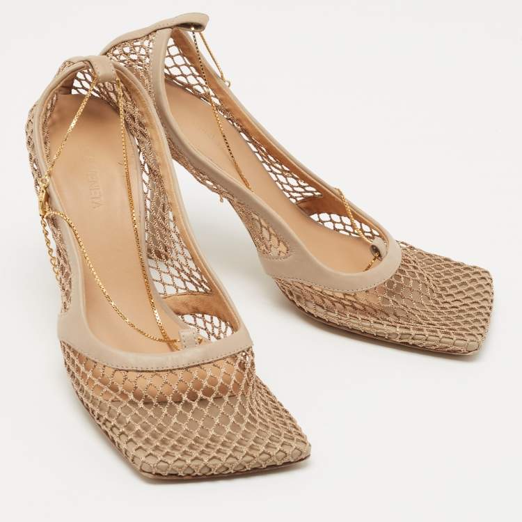 Pre Owned Bottega Veneta Beige Mesh and Leather Chain Stretch Pumps Size 37