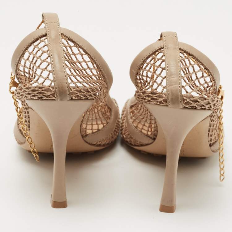 Pre Owned Bottega Veneta Beige Mesh and Leather Chain Stretch Pumps Size 37