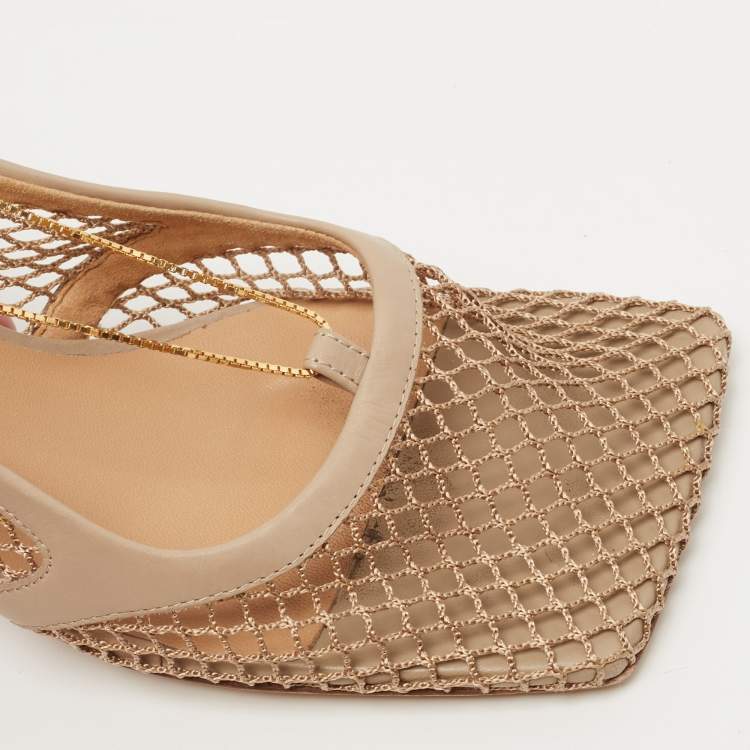 Pre Owned Bottega Veneta Beige Mesh and Leather Chain Stretch Pumps Size 37