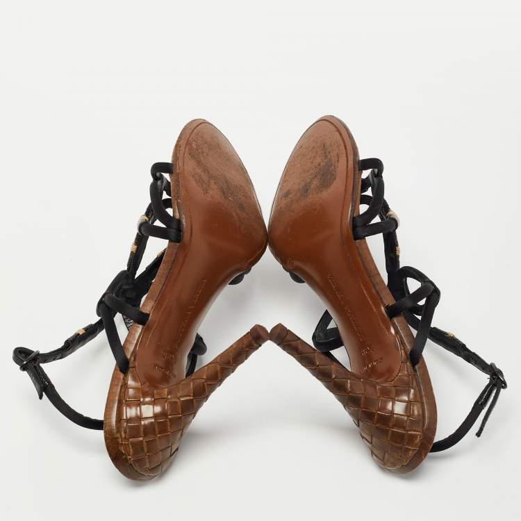 Pre Owned Bottega Veneta Black Satin Strappy Sandals Size 38.5