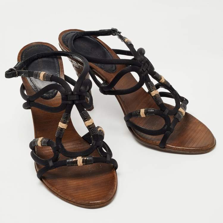 Pre Owned Bottega Veneta Black Satin Strappy Sandals Size 38.5