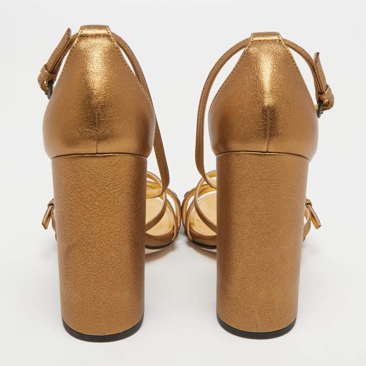 Pre Owned Bottega Veneta Metallic Intrecciato Leather Block Heel Slingback Sandals Size 38