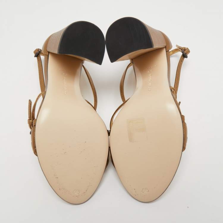 Pre Owned Bottega Veneta Metallic Intrecciato Leather Block Heel Slingback Sandals Size 38
