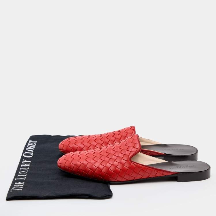 Pre Owned Bottega Veneta Orange Intrecciato Leather Fiandra Flat Mules Size 38.5
