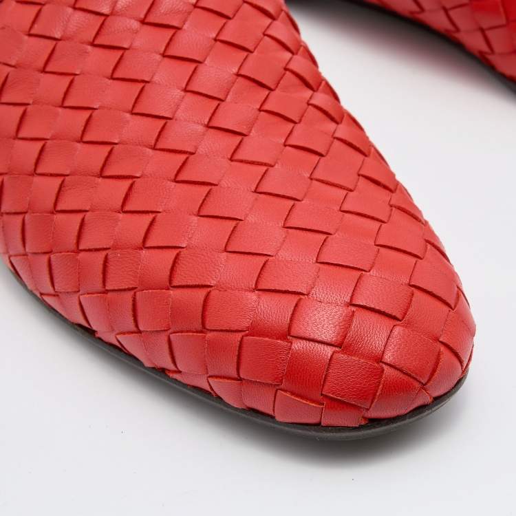 Pre Owned Bottega Veneta Orange Intrecciato Leather Fiandra Flat Mules Size 38.5