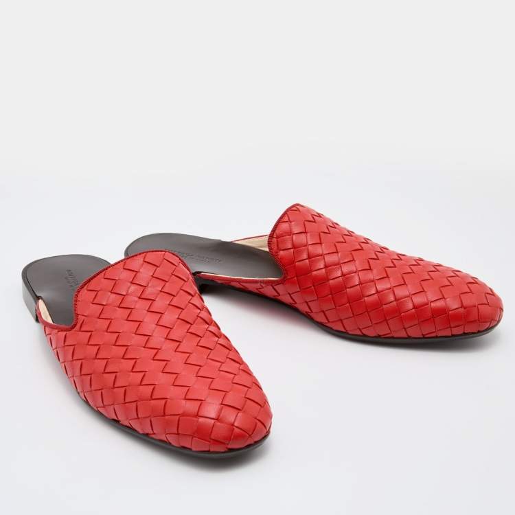 Pre Owned Bottega Veneta Orange Intrecciato Leather Fiandra Flat Mules Size 38.5