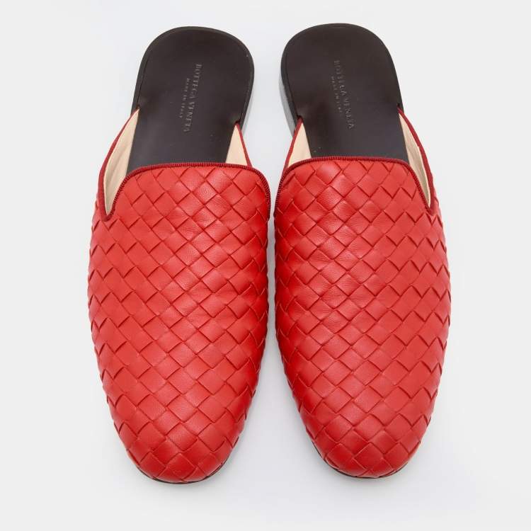 Pre Owned Bottega Veneta Orange Intrecciato Leather Fiandra Flat Mules Size 38.5