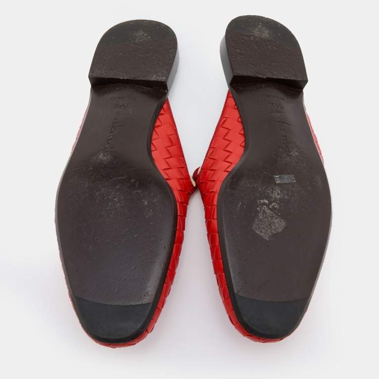 Pre Owned Bottega Veneta Orange Intrecciato Leather Fiandra Flat Mules Size 38.5