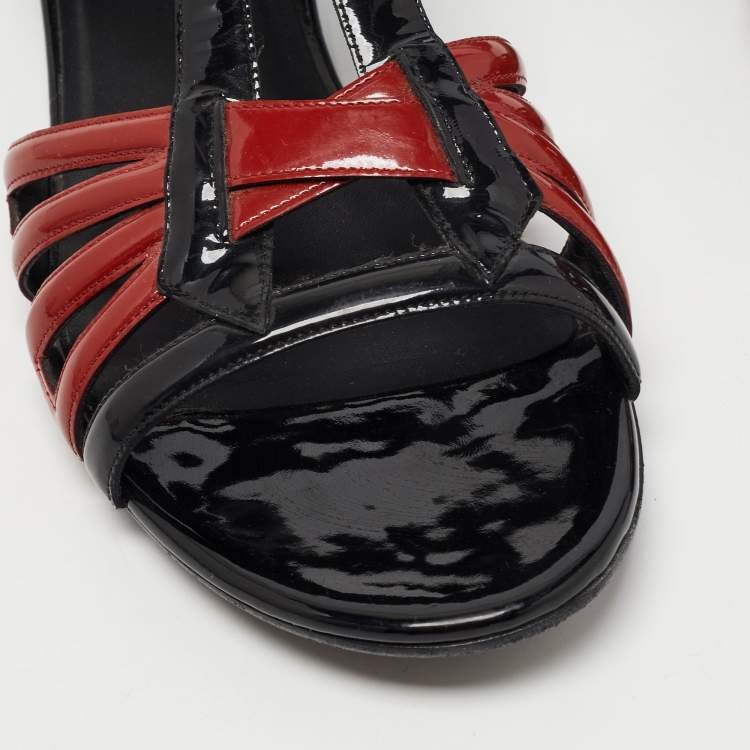 Pre Owned Bottega Veneta Black/Brown Patent Leather Flat Strappy Sandals Size 39.5