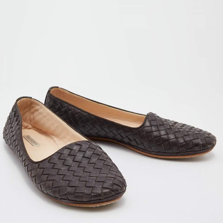Pre Owned Bottega Veneta Dark Brown Intrecciato Leather Smoking Slippers Size 37.5
