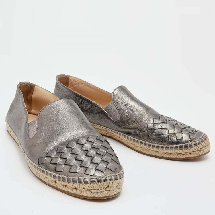 Pre Owned Bottega Veneta Metallic Dark Grey Intrecciato Leather Espadrille Flats Size 40