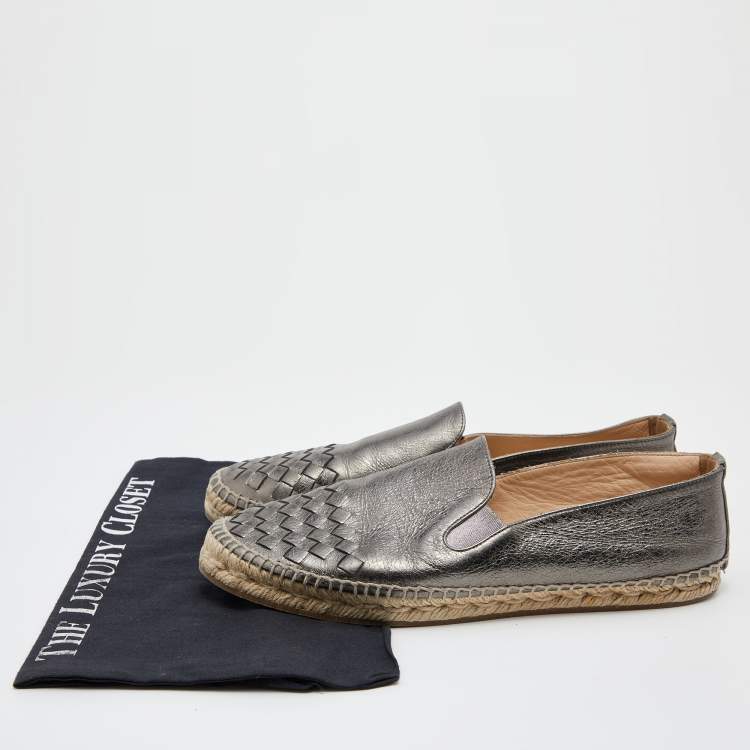 Pre Owned Bottega Veneta Metallic Dark Grey Intrecciato Leather Espadrille Flats Size 40