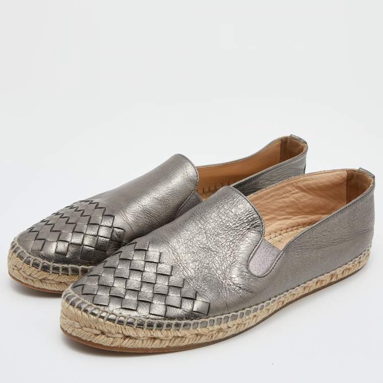 Pre Owned Bottega Veneta Metallic Dark Grey Intrecciato Leather Espadrille Flats Size 40