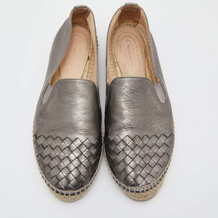 Pre Owned Bottega Veneta Metallic Dark Grey Intrecciato Leather Espadrille Flats Size 40