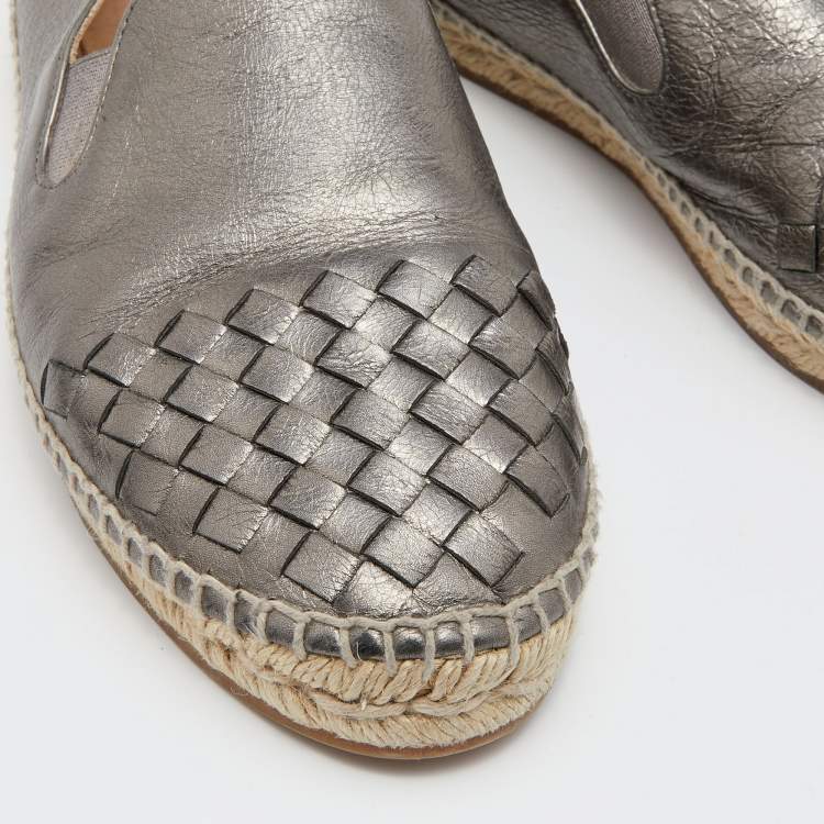 Pre Owned Bottega Veneta Metallic Dark Grey Intrecciato Leather Espadrille Flats Size 40