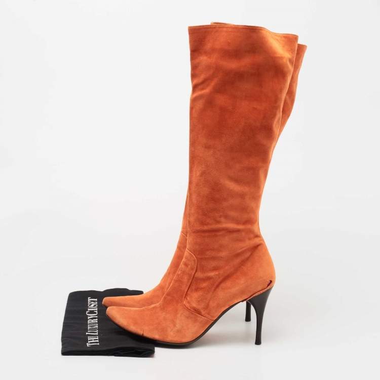 Pre Owned Bottega Veneta Orange Suede Knee Length Boots Size 41