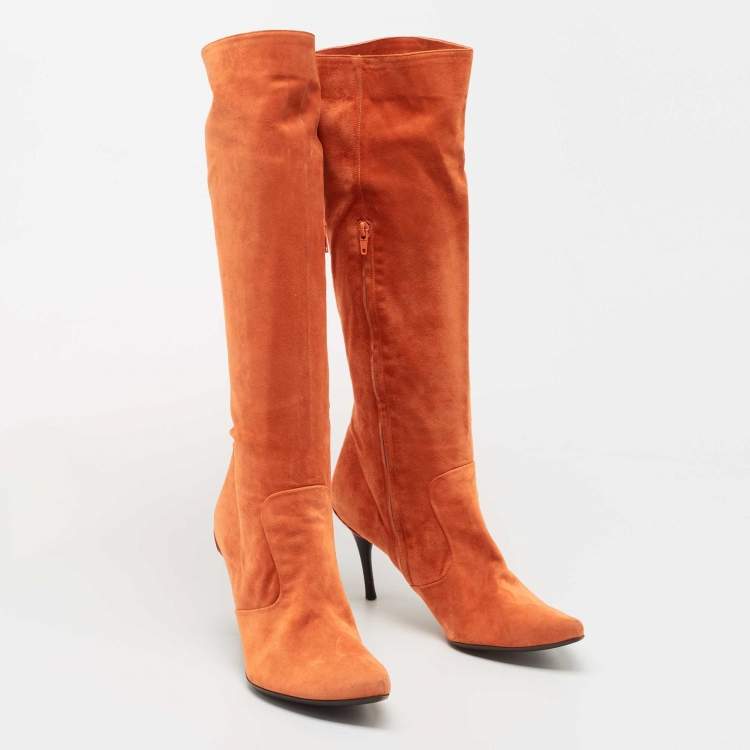 Pre Owned Bottega Veneta Orange Suede Knee Length Boots Size 41