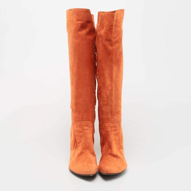 Pre Owned Bottega Veneta Orange Suede Knee Length Boots Size 41