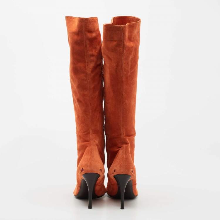 Pre Owned Bottega Veneta Orange Suede Knee Length Boots Size 41