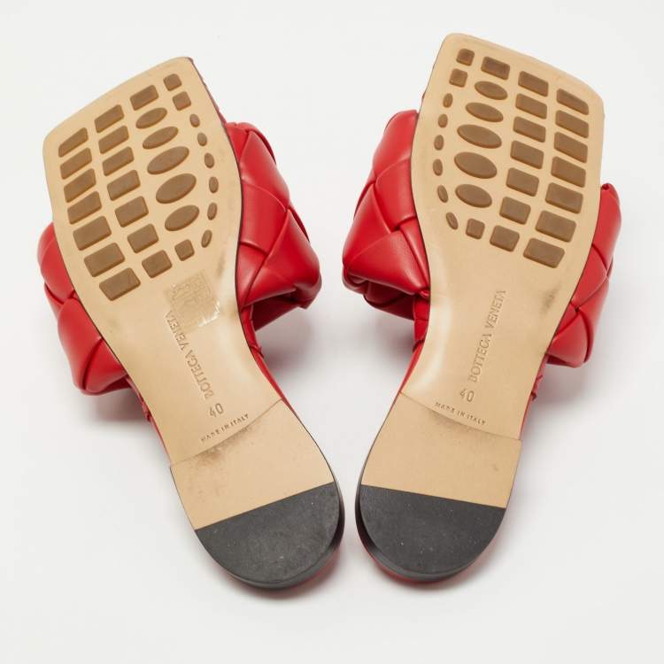 Pre Owned Bottega Veneta Red Intrecciato Leather Lido Slide Flats Size 40