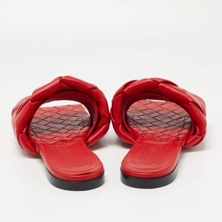 Pre Owned Bottega Veneta Red Intrecciato Leather Lido Slide Flats Size 40