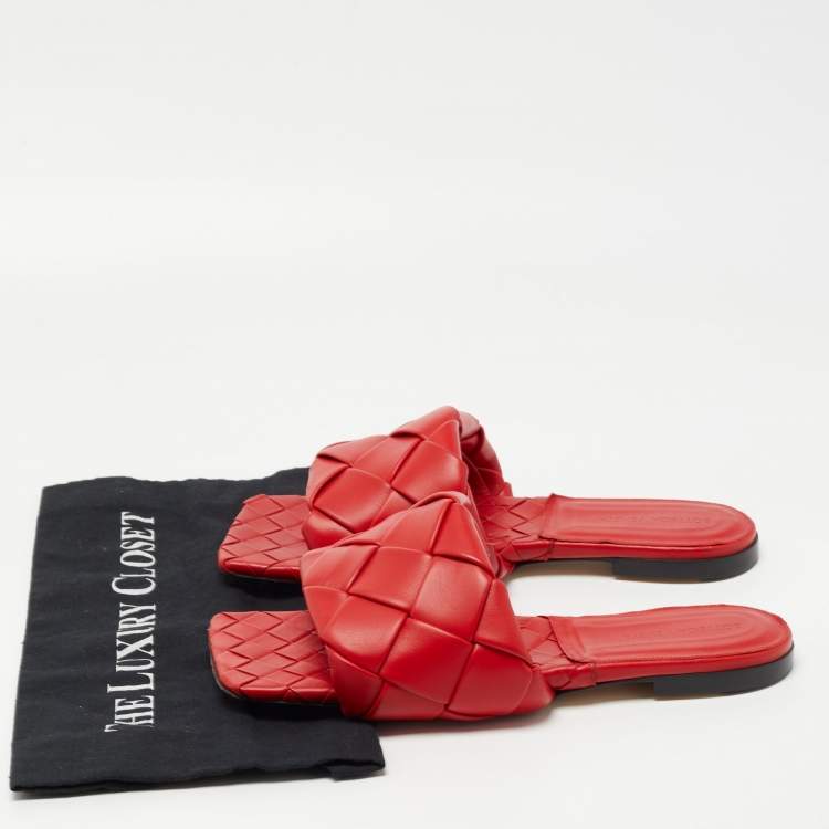 Pre Owned Bottega Veneta Red Intrecciato Leather Lido Slide Flats Size 40