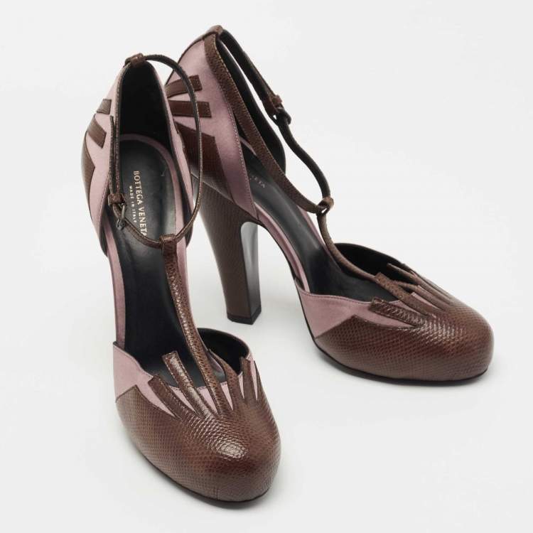 Pre Owned Bottega Veneta Brown Karung Leather and Satin Ankle Strap Pumps Size  40