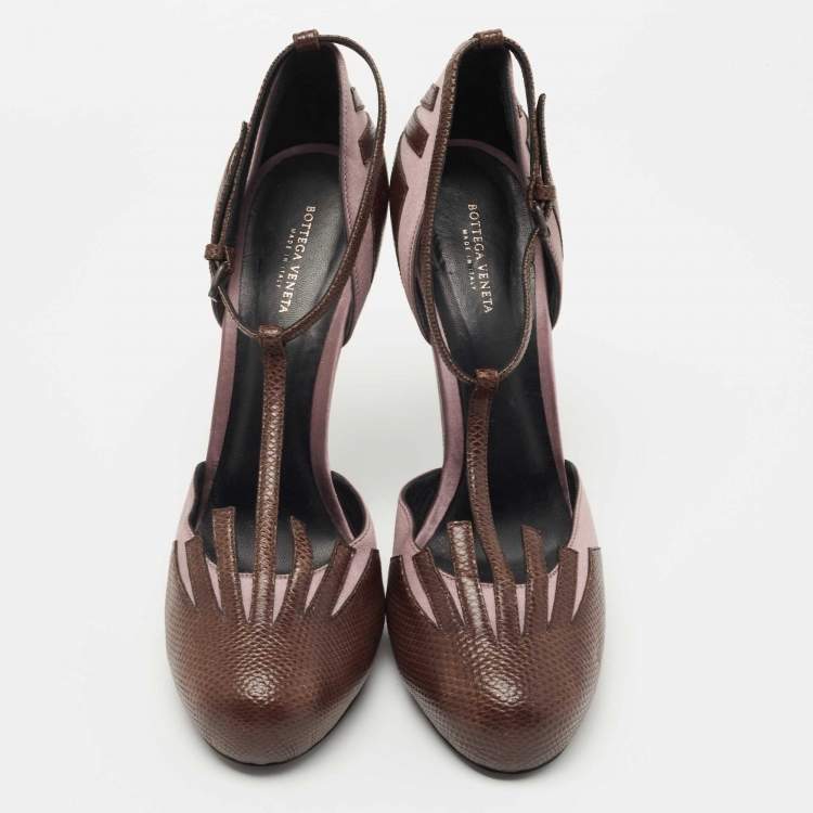 Pre Owned Bottega Veneta Brown Karung Leather and Satin Ankle Strap Pumps Size  40