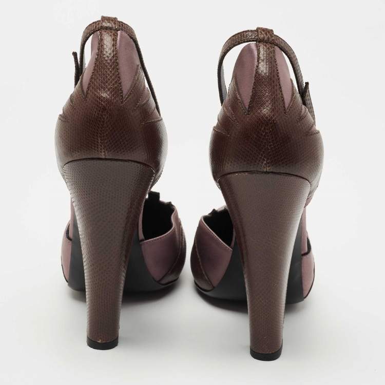 Pre Owned Bottega Veneta Brown Karung Leather and Satin Ankle Strap Pumps Size  40