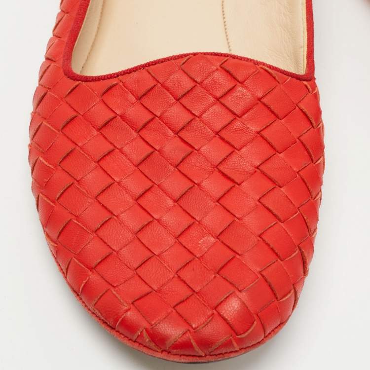 Pre Owned Bottega Veneta Red Intrecciato Leather Smoking Slippers Size 38.5