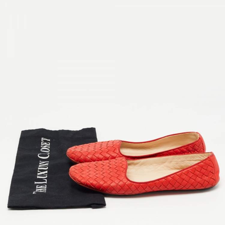 Pre Owned Bottega Veneta Red Intrecciato Leather Smoking Slippers Size 38.5