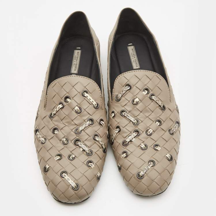 Pre Owned Bottega Veneta Grey Intrecciato Leather and Watersnake Leather Collapsible Smoking Slippers Size 36